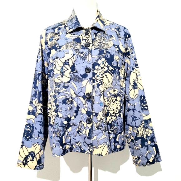 Sara Studio Women's Size Large Button-Up Jacket Blue Beige Floral 100% Cotton - Picture 1 of 10